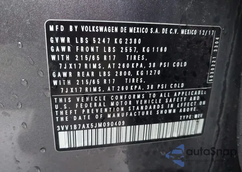 2018 Volkswagen Tiguan 2.0T S z USA, uszkodzony, nr VIN 3VV1B7AX5JM090409